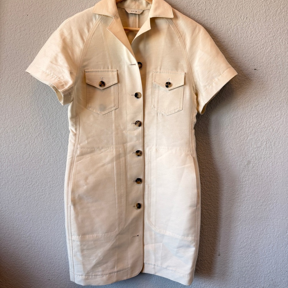 LVIR Dress Wool Silk Utility Mini Womens Cream Ivory Short Sleeve Pocket